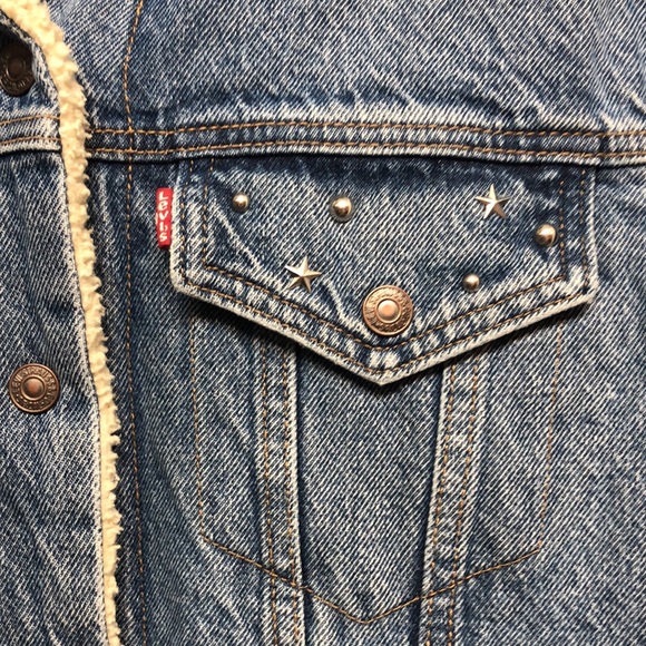 LEVIS Sherpa Lined Denim Trucker Jacket Men's Size L Blue Jean Vintage snap - Picture 3 of 16